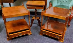 A pair of yew square side tables. possibly by Minster,  drawer to base, bracket feet, 57cm high,