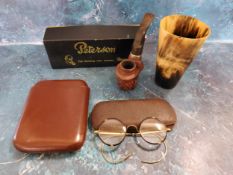 A Peterson carved Briar pipe, boxed;  a horn beaker;  a pair of tortoiseshell glasses;  a leather