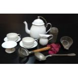 Dolls Accessories - Victorian kitchen utensils - enamelled teapot, two teacups and saucers, sifter