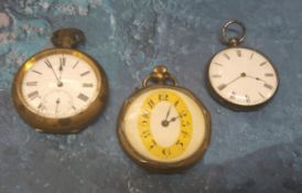 An unusual brass open faced pocket watch, Swiss movement, unsigned, round white enamel dial,