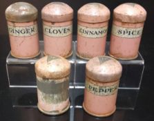 Dolls Accessories - a set of six Victorian Line Bros. tin plate spice storage jars, Pepper,