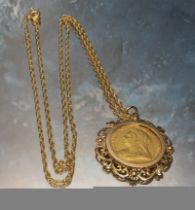 A Victorian full sovereign, dated 1895 mounted in a 9ct gold pendant, 9ct gold necklace 16.37g gross