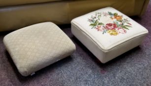 A square foot stool, tapestry top, bun feet, 41cm square'  another (2)