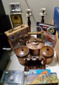 A Victorian copper kettle;  a Bakelite pipe rack;   Corgi and Shell 007 CARS;  etc