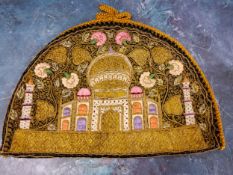 A Victorian Indian  'gold' metallic thread  Tea Cosy, embroidered with mosque, 37cm wide, c.1890