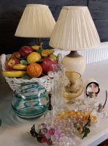 A large Capo-di-Monte basket of fruit;  a Royal Doulton glass vase'  others;  a side light;  etc
