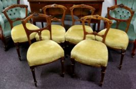 Six Victorian walnut dining chairs, olive green upholstery c.1860