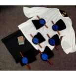 Six ecclesiastical church service offetory velvet coin bags, a Ministers outfit by J. Wippell &