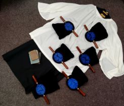 Six ecclesiastical church service offetory velvet coin bags, a Ministers outfit by J. Wippell &