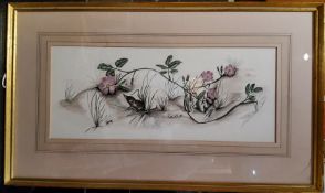 Christine A Woodby (20th century) Shrew and Wild Roses, singed, watercolour, 18cm x 44cm