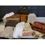 A wicker basket;  another;   a Finnigans leather bag;  leather purses;  Textiles - lace table