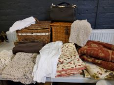 A wicker basket;  another;   a Finnigans leather bag;  leather purses;  Textiles - lace table