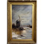 Dutch School (20th Century) Windmill In Winter  Oil on canvas, period gilt frame 90cm high x 56cm