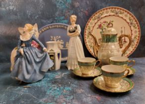 A Royal Doulton figure, Kimberley, HN3379;  another, Fragrance, HN2334;   a Wedgwood blue jasperware