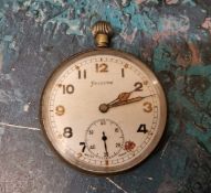 A World War II Helvetia military open faced pocket watch, Arabic numerals, subsidiary seconds