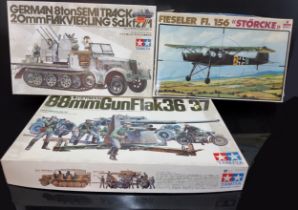 Three Boxed WWII German Model Kits, Tamiya German 8ton Semi Track 20mm Flakvierling, German 88MM Gun