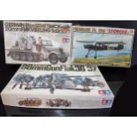 Three Boxed WWII German Model Kits, Tamiya German 8ton Semi Track 20mm Flakvierling, German 88MM Gun