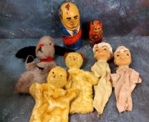 A Chad Valley Sweep hand puppet;  two Sooty hand puppet;  mid 20th century hand puppets, Punch and