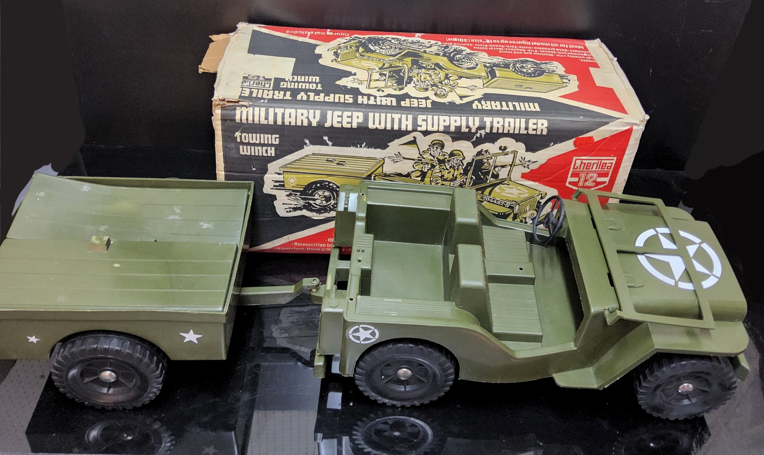 A Cherilea Desert Panzer tank, Cherilea Jeep with supply trailer, Action Man Solar Hurricane - Image 3 of 3