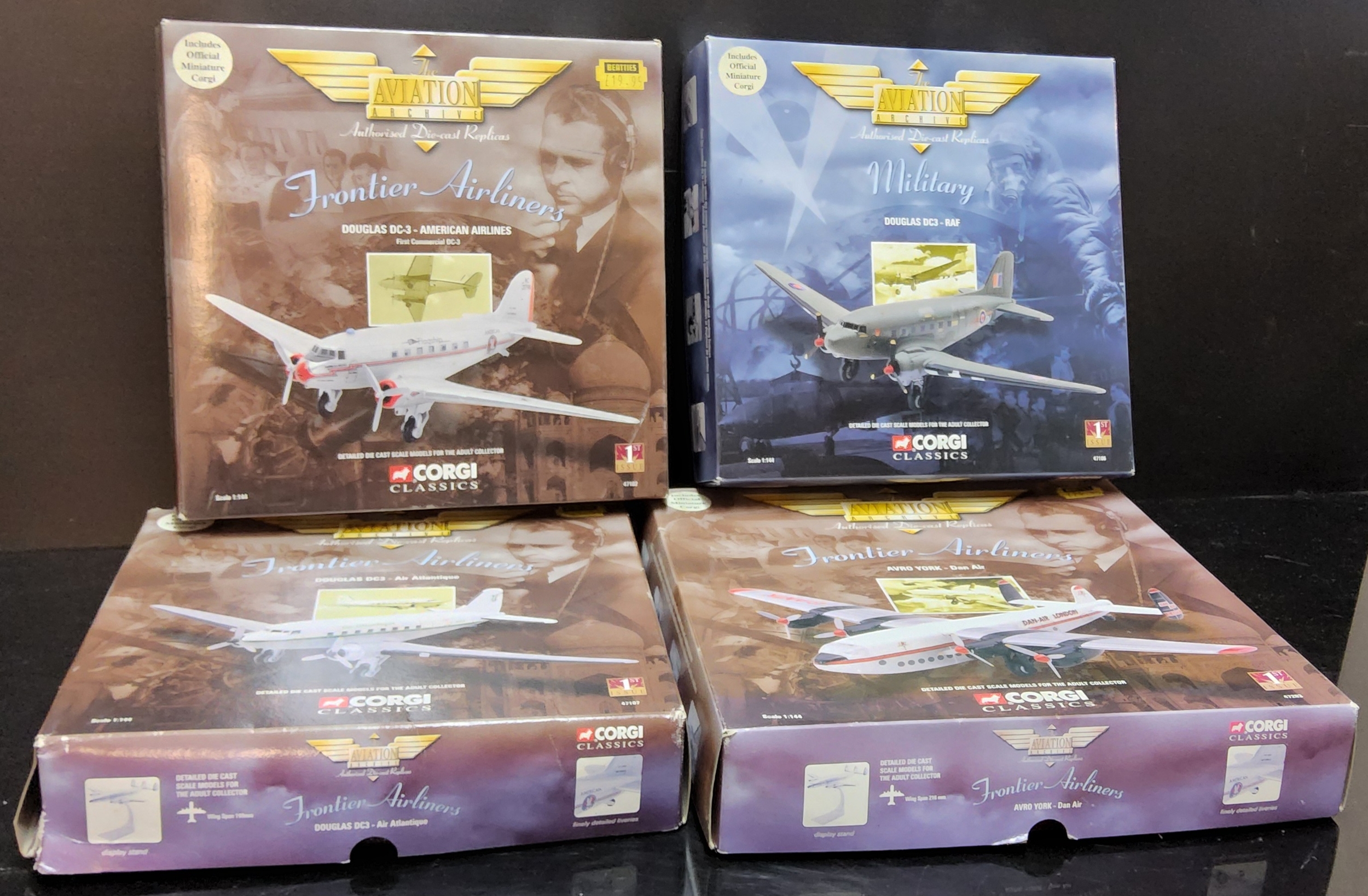 Four Boxed Corgi Aviation Archive Model Aircraft, Douglas DC-3 - American Airlines, R.A.F, Air