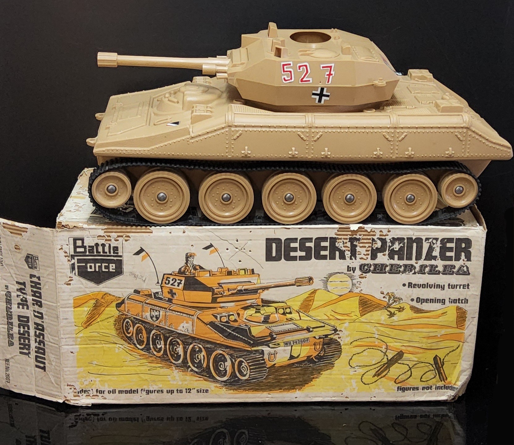 A Cherilea Desert Panzer tank, Cherilea Jeep with supply trailer, Action Man Solar Hurricane