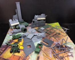 Bombed out 3D town model and a large selection of plastic model soldiers 2WW, medieval