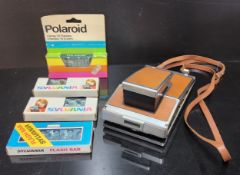 Vintage Polaroid SX-70 Land Camera Alpha 1, chrome & caramel leather skin, shoulder strap Vintage