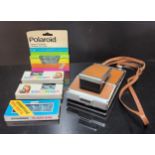 Vintage Polaroid SX-70 Land Camera Alpha 1, chrome & caramel leather skin, shoulder strap Vintage