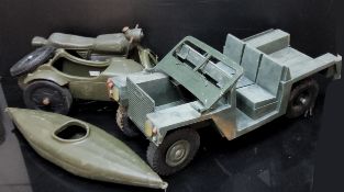 Three Vintage Action Man Vehicles, Land Rover, Motorbike and Side Car and Canoe.
