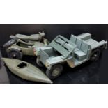 Three Vintage Action Man Vehicles, Land Rover, Motorbike and Side Car and Canoe.