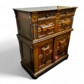 An 18th century oak and walnut house keeper's cupboard or buffet, geometric and half bobbin turned