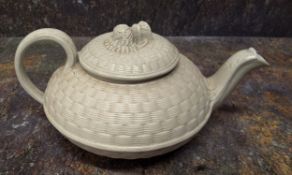 A Staffordshire saltglaze basketweae teapot and cover, wheatsheaf finial, 10cm high, c.1810