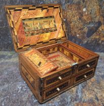 A Napoleonic prisoner of war straw work box, hinged cover decorated with buildings, above one