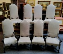 A set of '18th century' Continental high back dining chairs, recently upholstered in a crushed