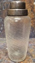 An Art Deco crackle glass cocktail shaker, plated cover, 21cm high, c.1930