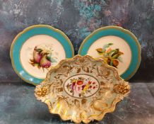 A Ridgway navette shaped dish, painted with summer flowers, within an oval, the ground with