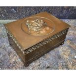 An early 20th century brass and copper cigar box, the cover embossed with a bulldog, banded with