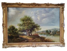 John Westall (1823-1894) Oak Tree On The River Bank  oil on canvas, framed, 74cm x 104cm wide