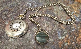 A silver half hunter pocket watch, white enamel dial, Roman numerals, subsidiary second dial,