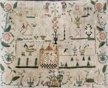 A George III needlework smapler, embroidered by Ann Thurbeck, worked 1783, with house, stylised