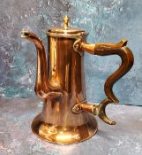 A George III copper coffee pot, hinged cover, knop finial, S-shaped spout, turned fruitwood