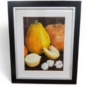 Jan Thornton, Sheffield Artist, Still Life, Pumpkins, label to verso, 39cm x 28cm