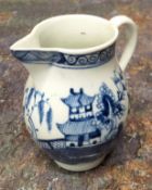 A Lowestoft sparrow-beak jug,  painted in underglaze blue with a chinoiserie landscape with