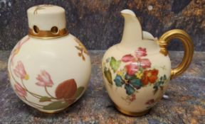 A Royal Worcester globular pot pourri and  cover,  painted with flowers on a blush ivory ground,