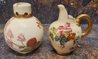 A Royal Worcester globular pot pourri and  cover,  painted with flowers on a blush ivory ground,