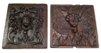 Two 16th Century, Elizabethan English oak carved panels, depicting an angel and another 22cm square
