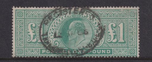 Stamps= A King Edward VII fine used £1.  Good perforations centered low with neat oval registered