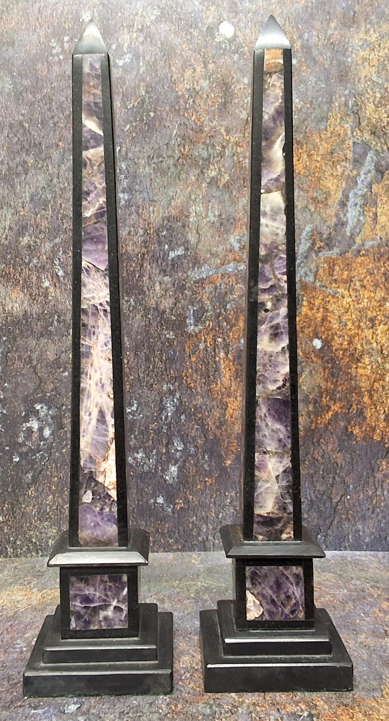A pair of 'Grand Tour' type amethyst and black marble obelisks, 38.5cm high - Image 3 of 4