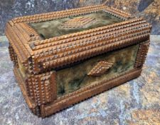 Folk Art - a late 19th century tramp art rectangular box, with notch lozenges on green velvet,