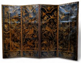 A late 18th / early 19th century Continental four panel modesty screen, the exotic bird decorated